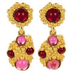 Vintage Guy Laroche Dangle Gilt Metal Clip Earrings Pink and Red Poured Glass Cabochons