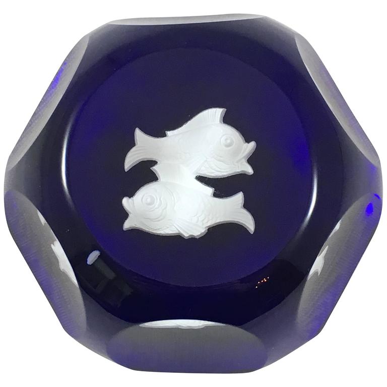 1970s Baccarat Pisces Colbalt Blue Zodiac Paperweight at 1stDibs