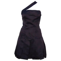 Vintage Fun & Flirty 1980's Chanel Boutique Black Silk Satin Asymmetrical Strap Dress 