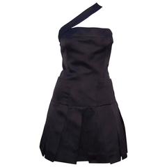 Fun & Flirty 1980's Chanel Boutique Black Silk Satin Asymmetrical Strap Dress 