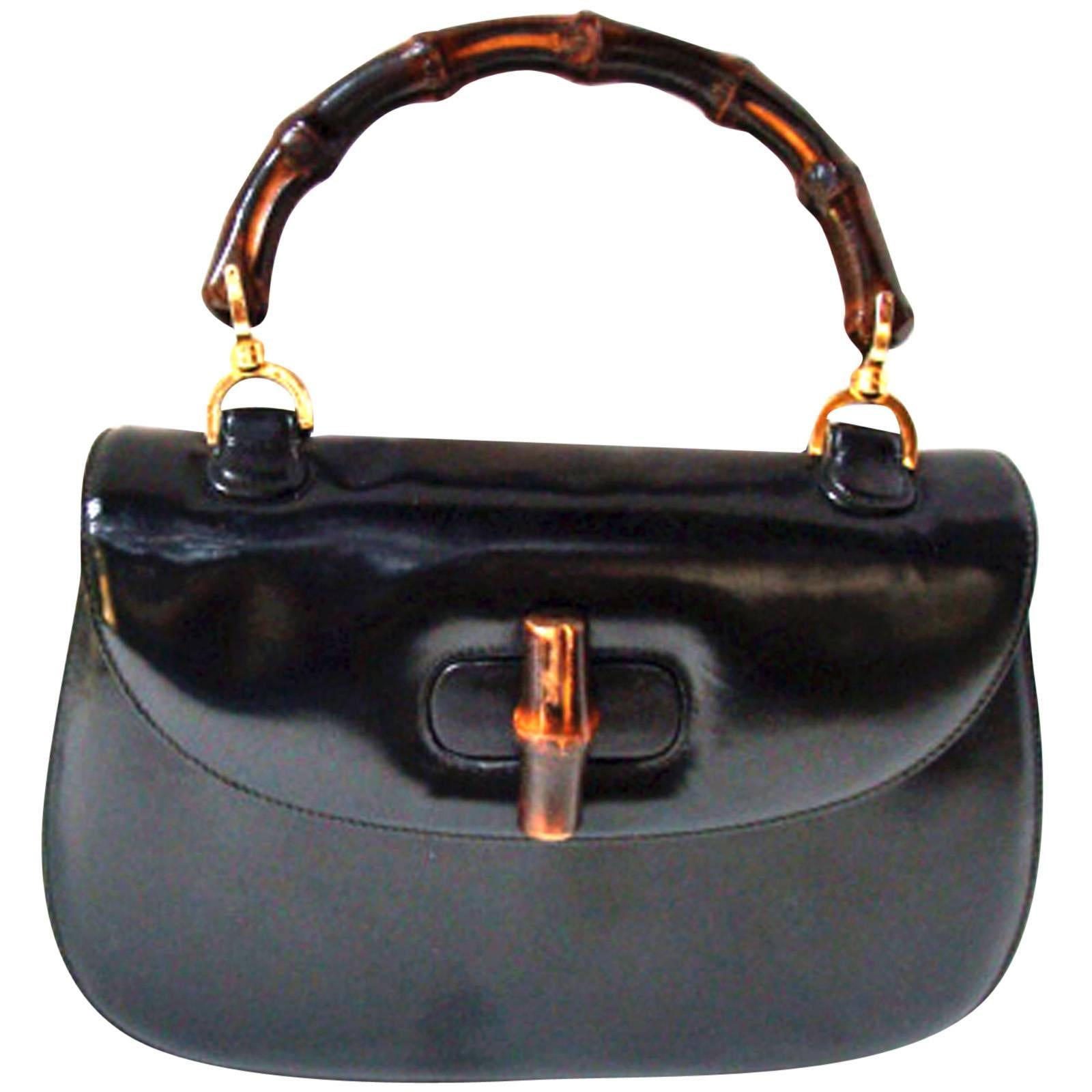 Classic Black Leather  Bamboo Handle Handbag by Gucci