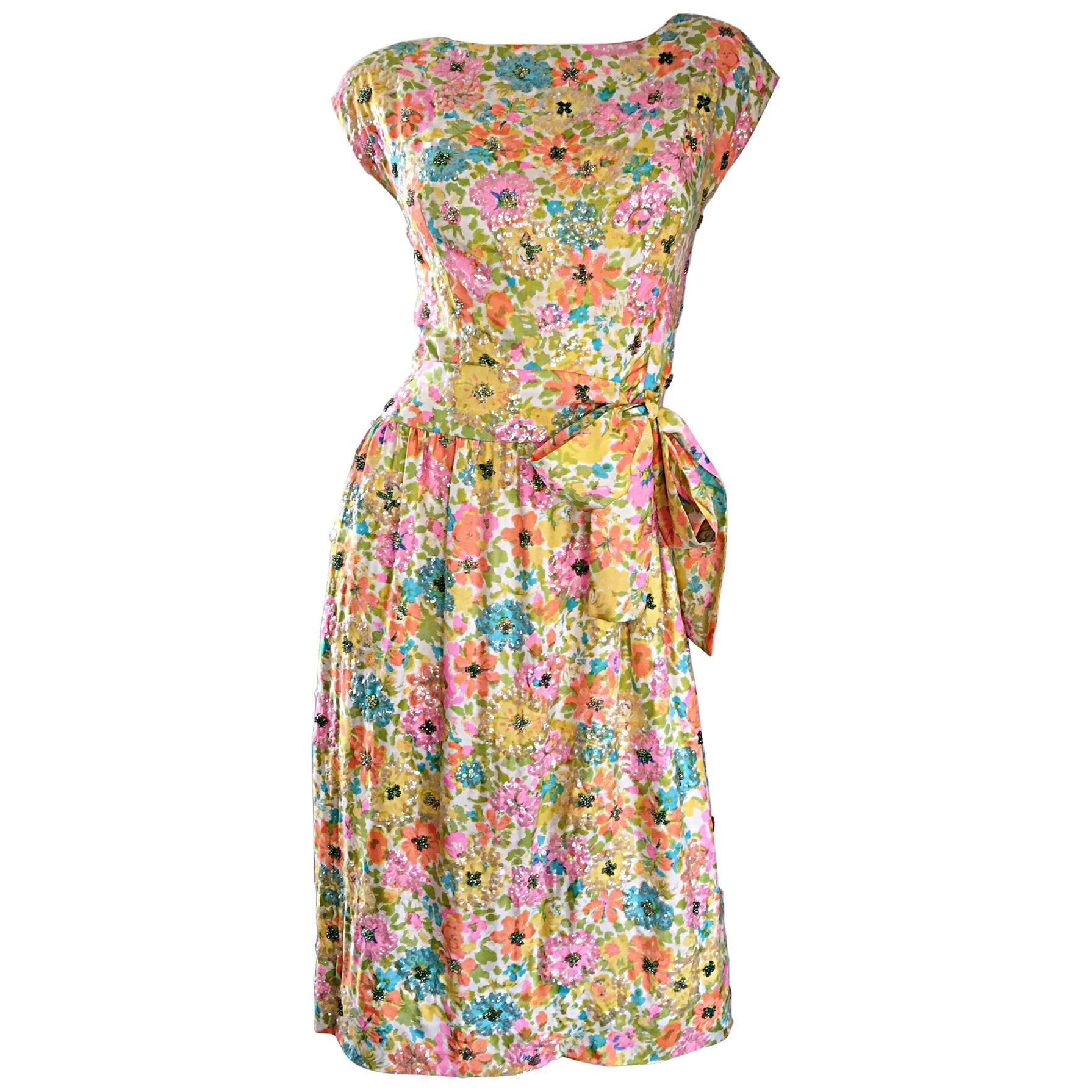 Beautiful Vintage Larry Aldrich 1950s Silk Sequined + Beaded 50s Flower Dress