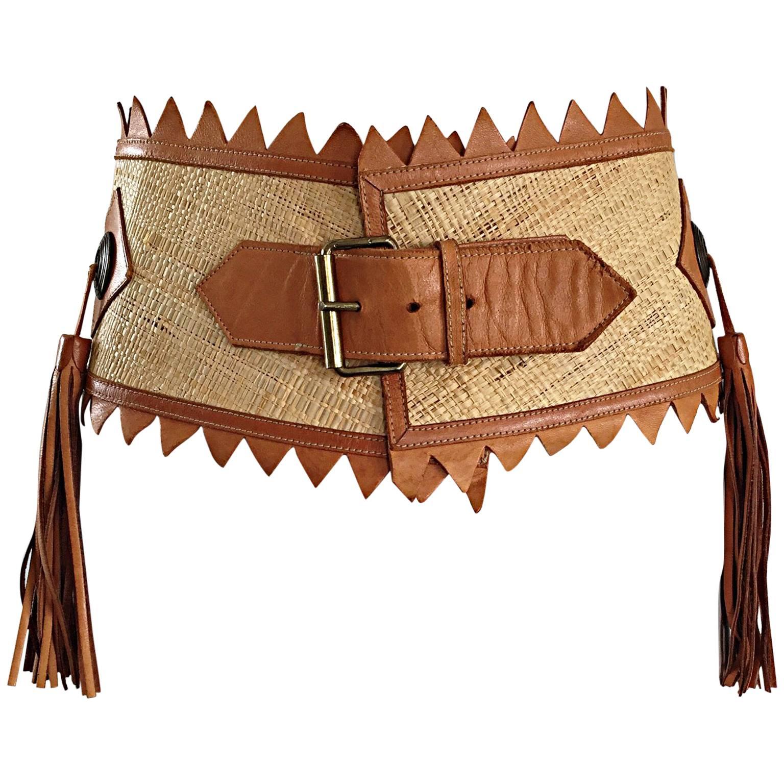 Chic 1970s Tan Saddle Leather and Straw 70s Boho Belt w/ Leather Fringe Tassels 