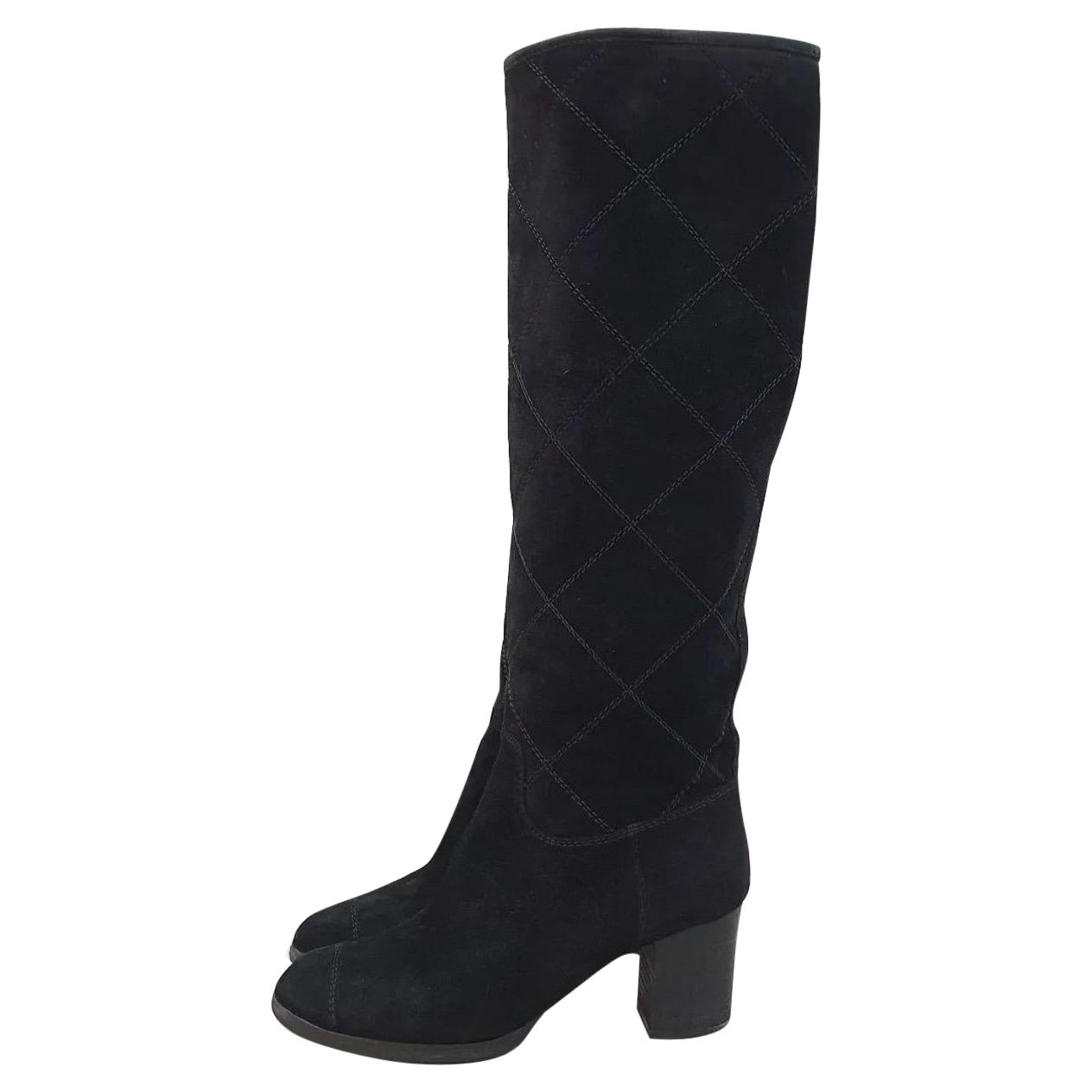 Chanel Black Suede Quilted Boots For Sale