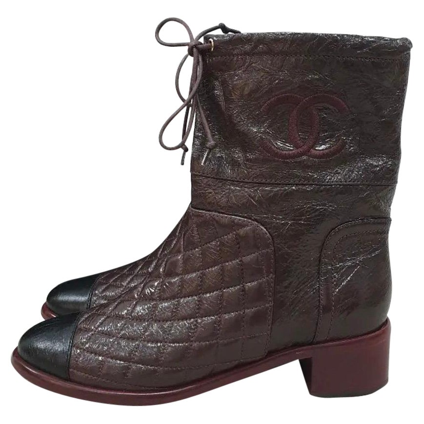 Chanel Burgundy Cap Toe CC Logo Ankle Boots For Sale
