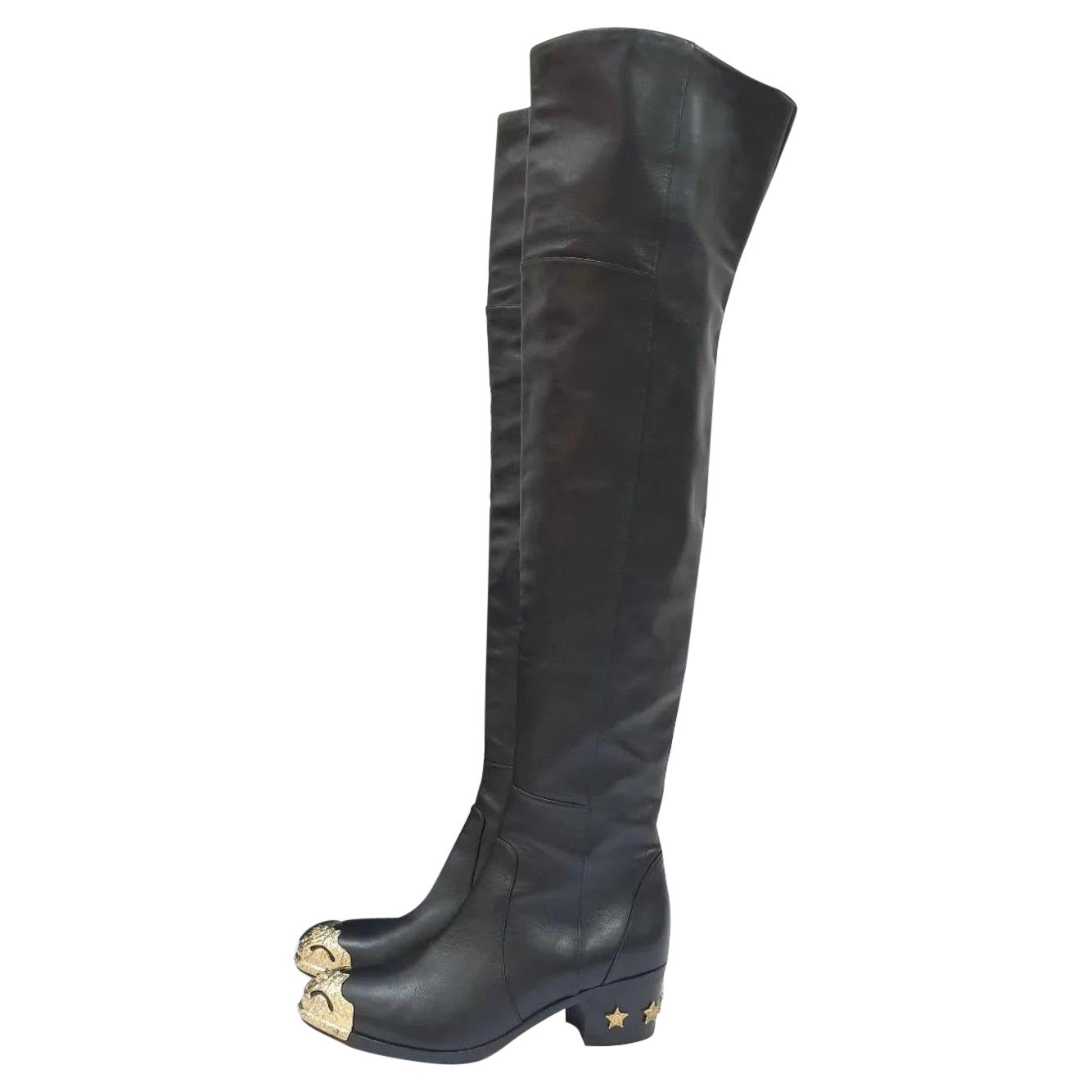 Chanel Black Leather Paris Dallas Metal Cap Toe Thigh High Boots/Booties For Sale