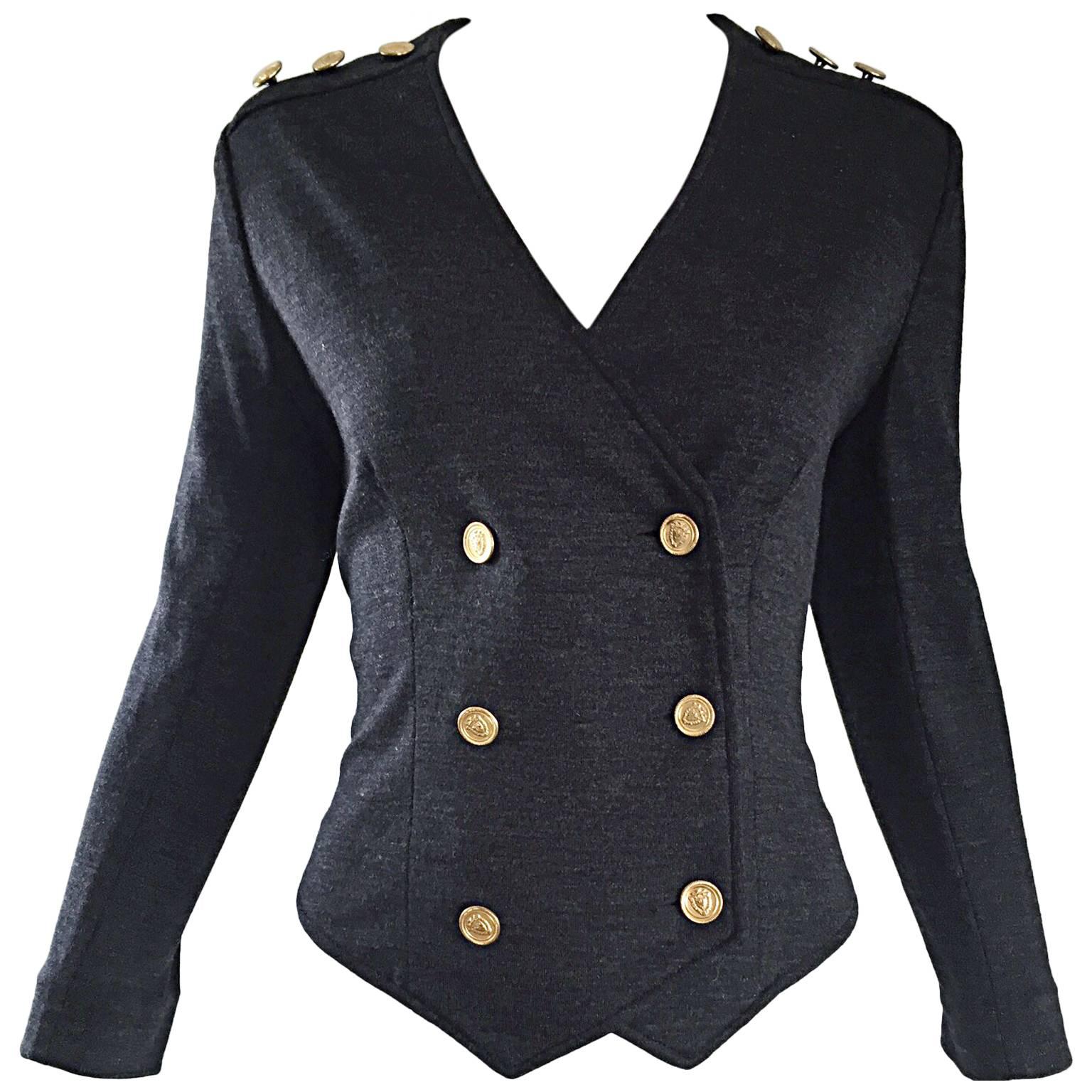 Vintage Nina Ricci Couture Charcoal Grey Double Breasted Wool Cardigan Jacket  For Sale