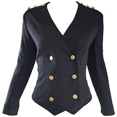 Retro Nina Ricci Couture Charcoal Grey Double Breasted Wool Cardigan Jacket 