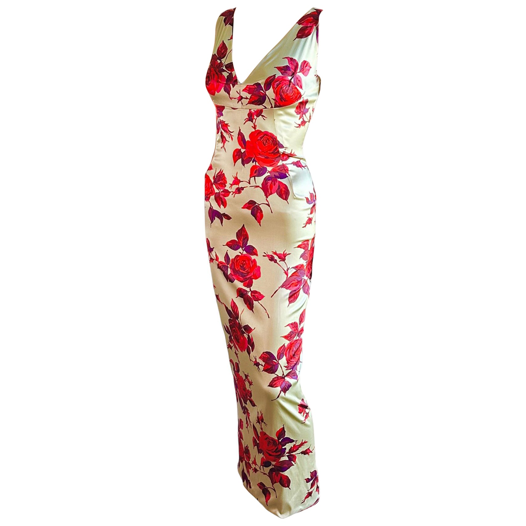 Dolce & Gabbana 1990's Vintage Unworn Silk Floral Rose Print Evening Dress Gown For Sale