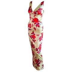 Dolce & Gabbana 1990's Vintage Unworn Silk Floral Rose Print Evening Dress Gown