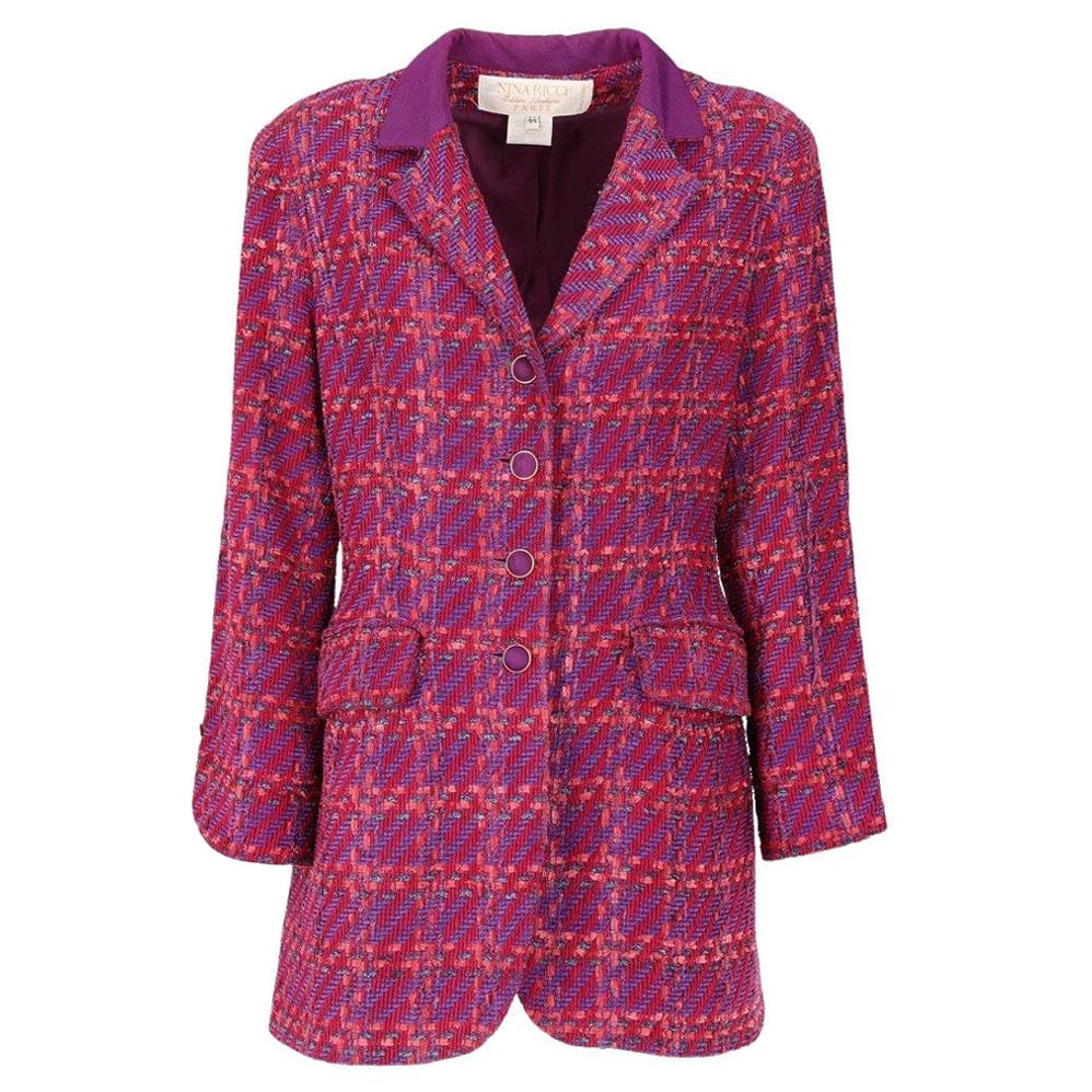 80s Nina Ricci Vintage fuchsia and purple bouclé wool fitted jacket For Sale
