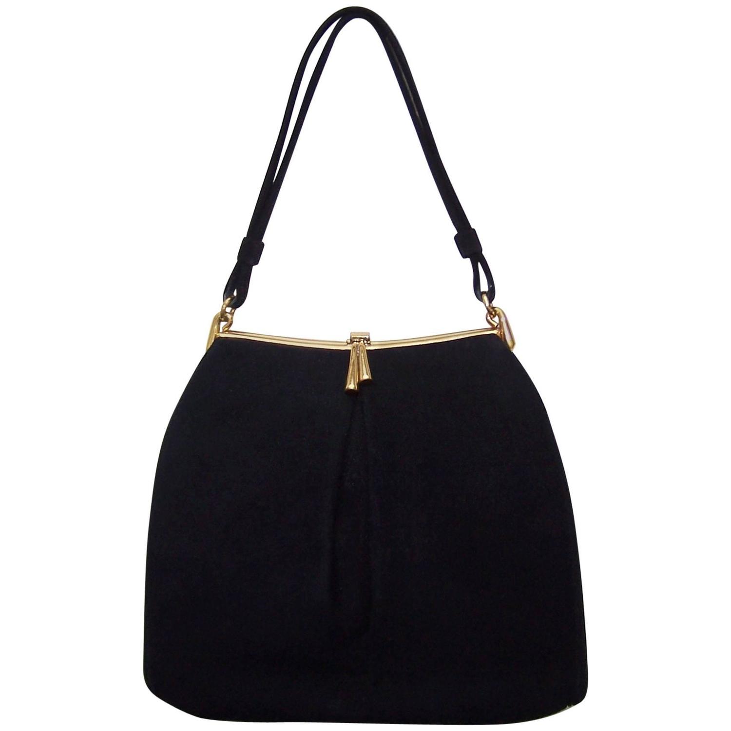 Lovely 1950's Coblentz Black Suede Handbag With Unique Jewelry Style