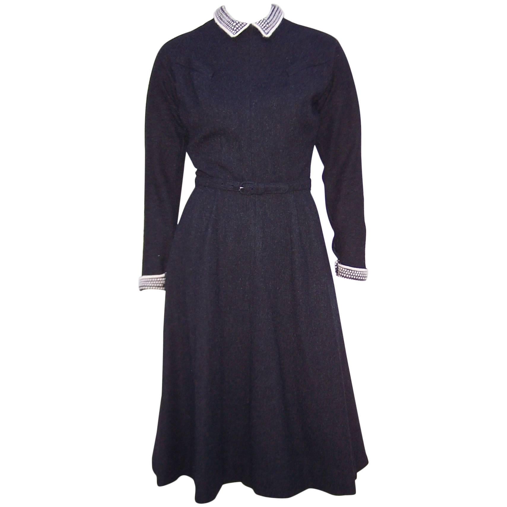 School Girl Style 1950's Charcoal Gray Wool Dress With Angora Details
