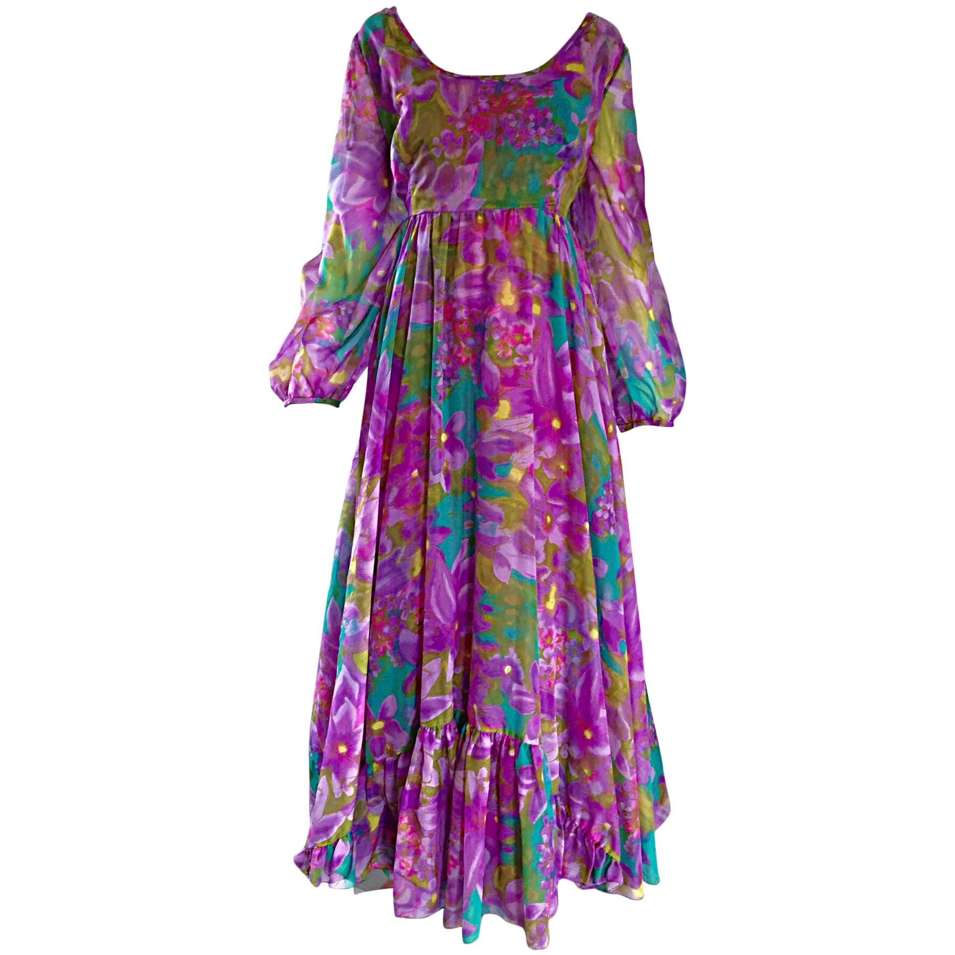 Plus Size Vintage Mr. Blackwell Gorgeous 1970s Size 22 Chiffon Maxi Dress Gown For Sale