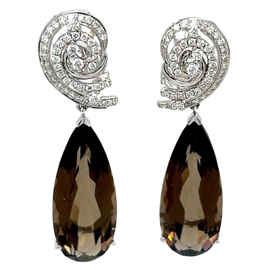 Teardrop Smokey Topaz  and Diamond Dangling Omega back Earrings in 14KW Gold  For Sale