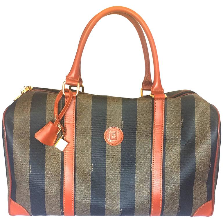 Vintage FENDI pecan stripe travel bag, large purse with brown leather ...