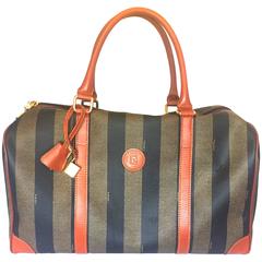 Retro FENDI pecan stripe travel bag, large purse with brown leather trimming.