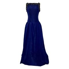 Givenchy Couture Vintage Blue Gown with Gold Trim Crystal Jewel Embellishment