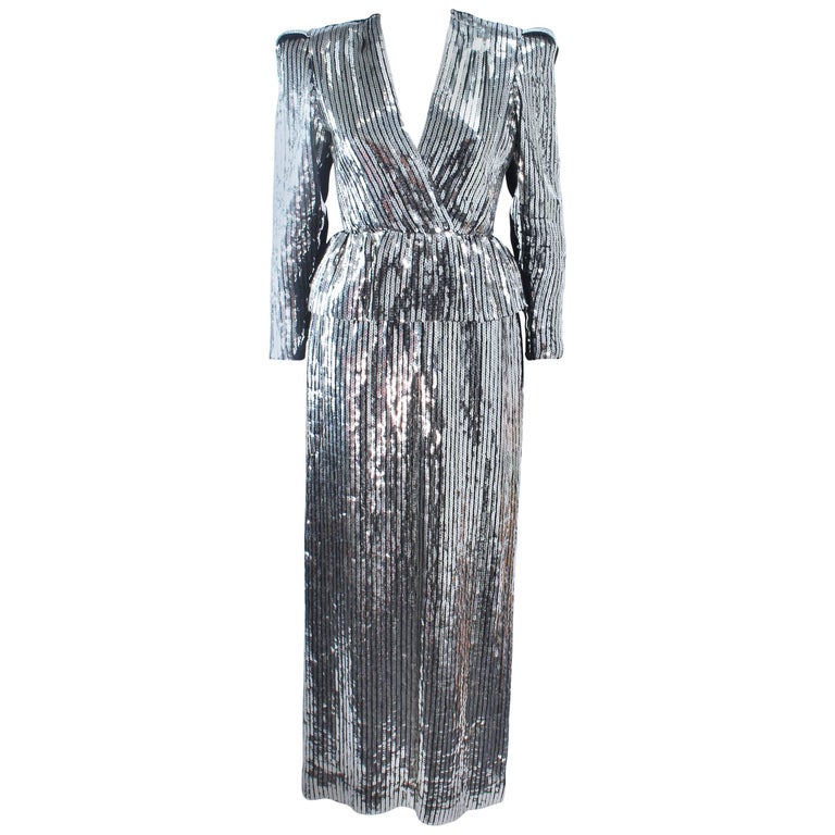 ESTEVEZ Silver Sequin and Velvet Gown Peplum Size 2 For Sale at 1stDibs