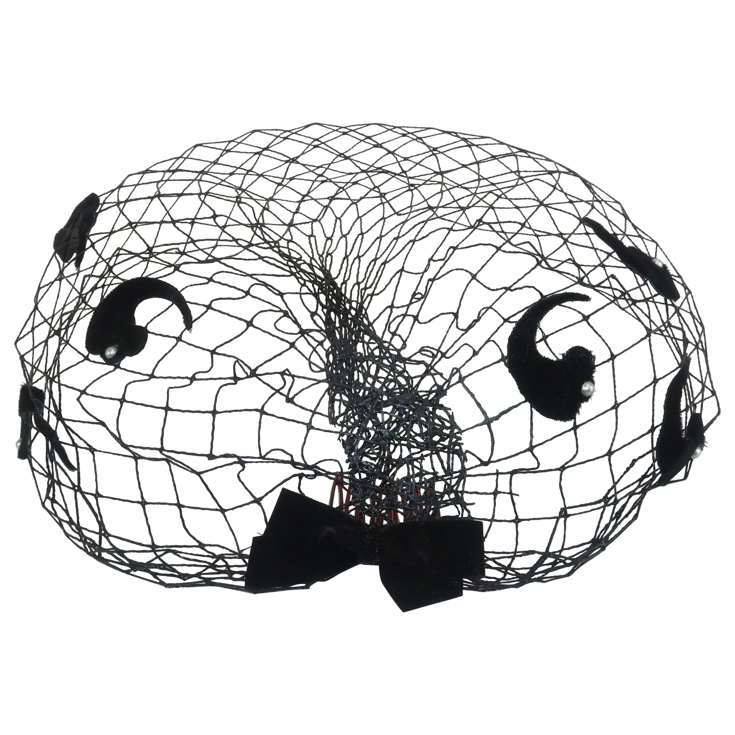 Black Fishnet Fascinator Veil, 1950's For Sale