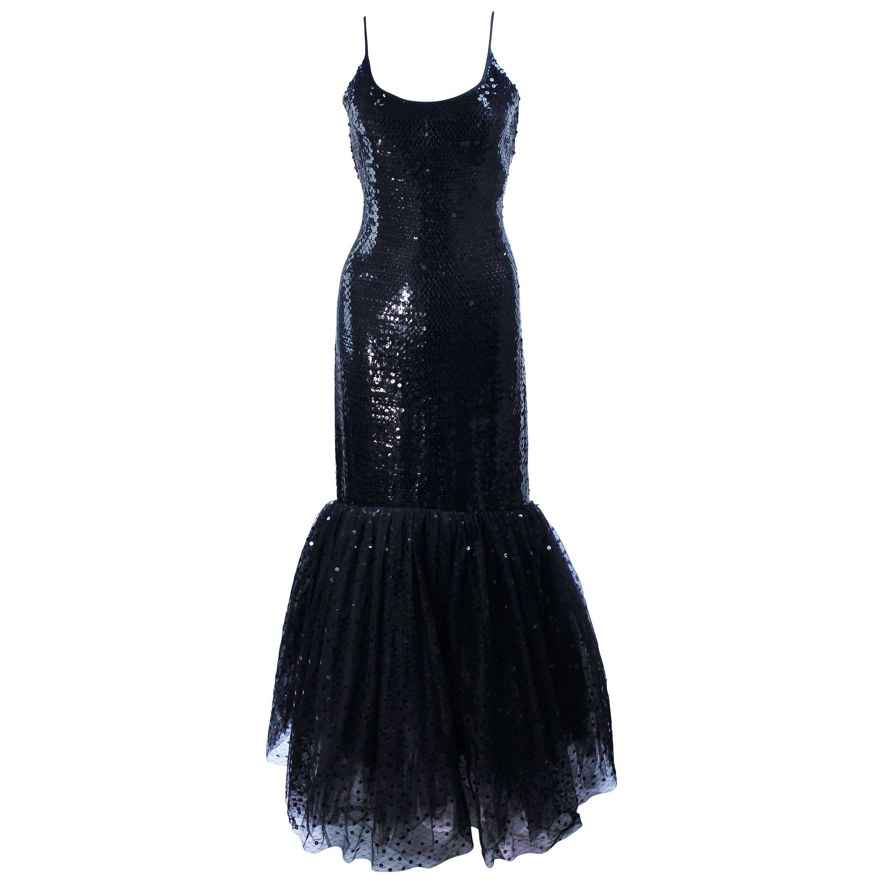 JILL RICHARDS Black Sequin Gown with Tulle Sequin Hem Size 4 For Sale