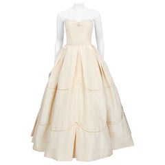 Retro 1950s Rosalie Macrini Couture Cream Silk Strapless Bridal Wedding Gown  