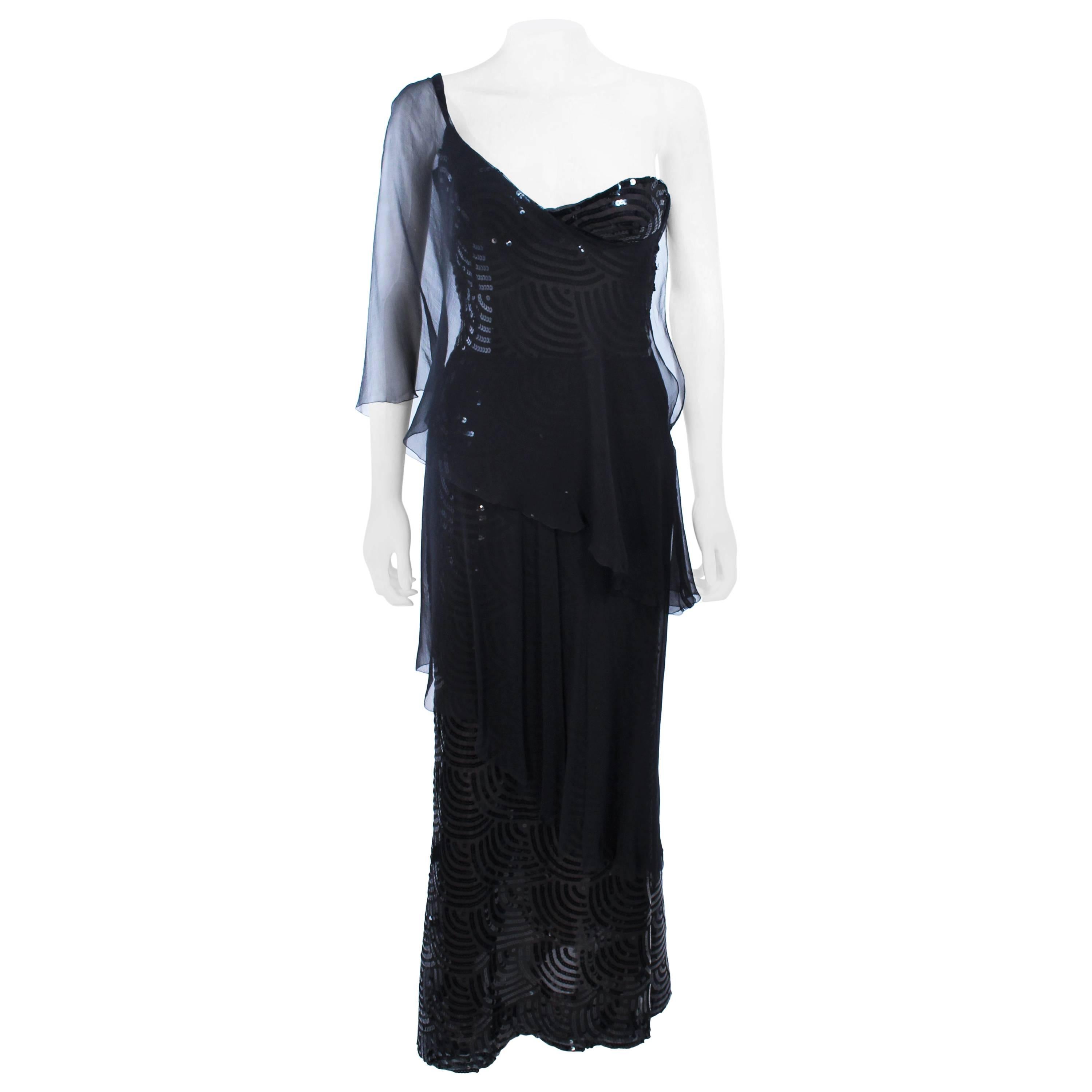 LORIS AZZARO Attributed Draped Black Sequin Chiffon Gown Size 2 