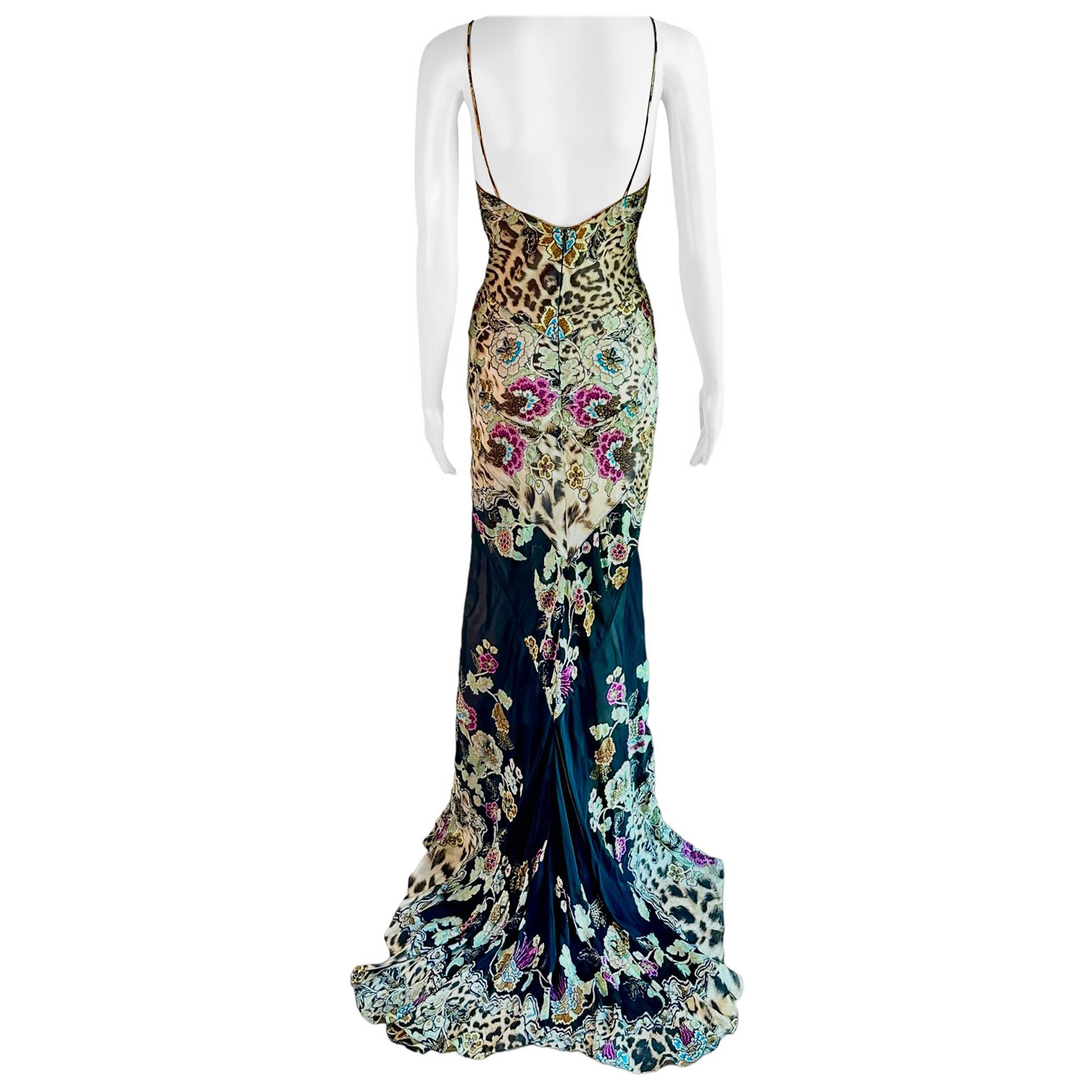 Roberto Cavalli S/S 2003 Chinoiserie Print Silk Train Maxi Evening Dress Gown For Sale