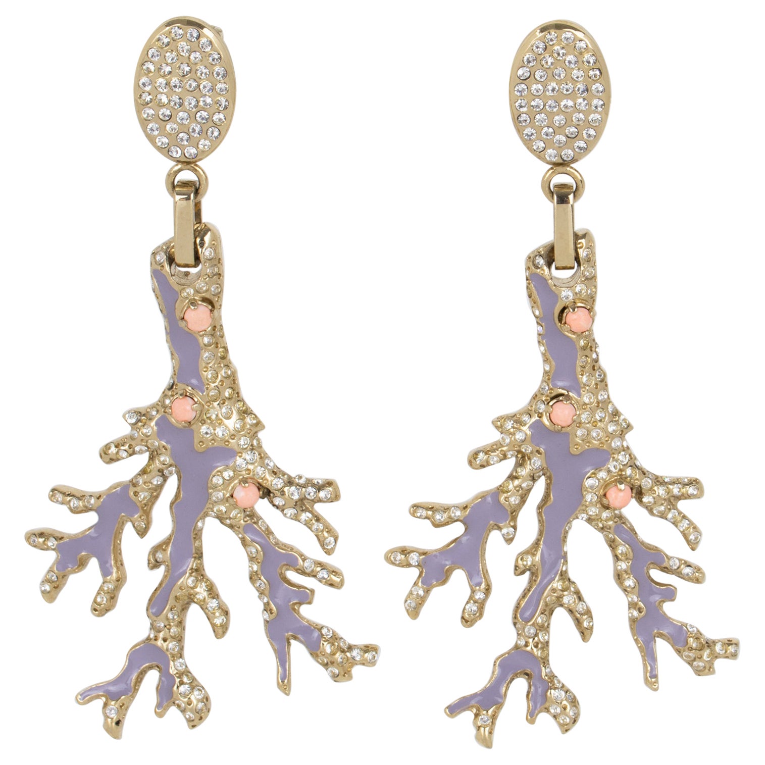 Valentino Clip Earrings Pale Gilt Metal with Purple Enamel and Coral Cabochons For Sale