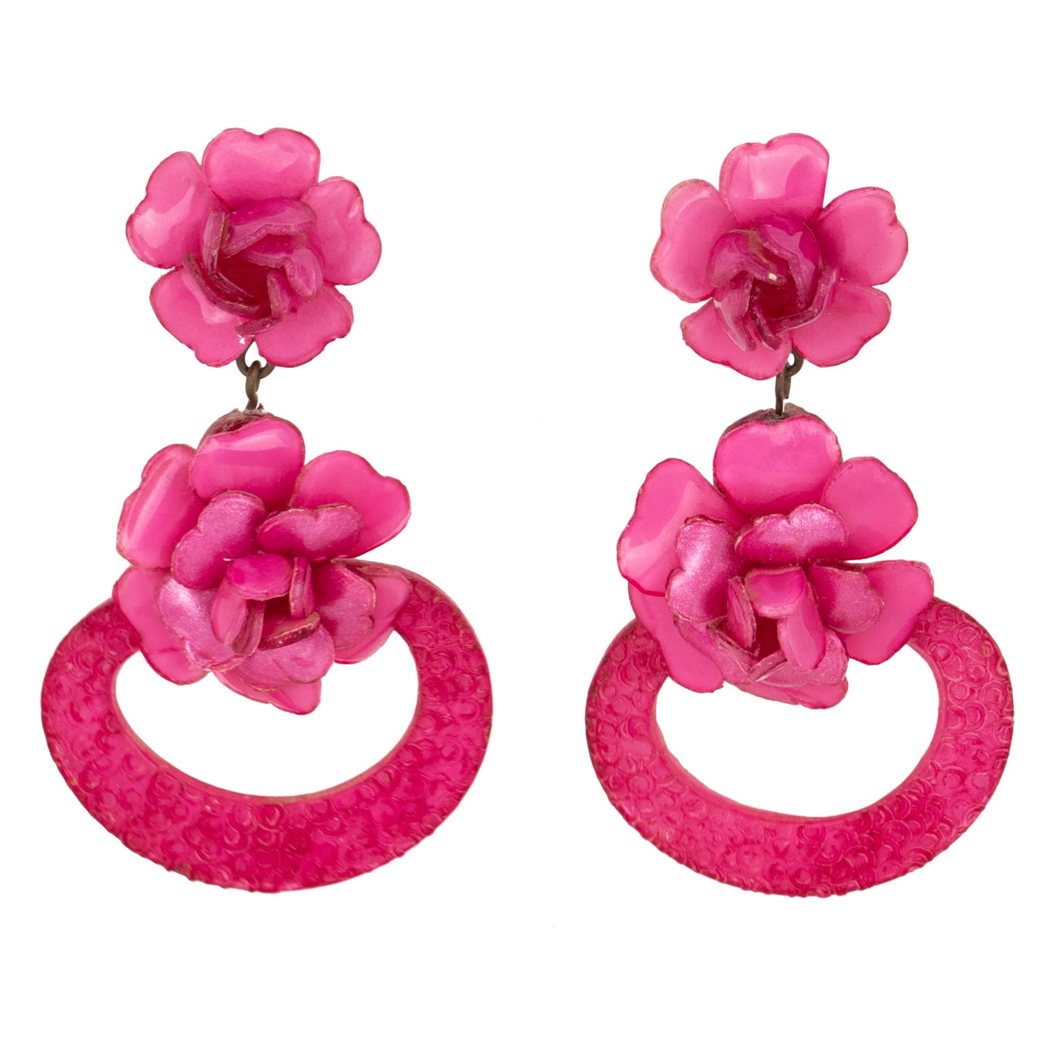 Francoise Montague Resin Clip Earrings Dangle Fuchsia Pink Flowers For Sale