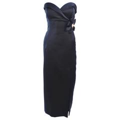VICTOR COSTA Black Satin Gown with Side Bow Detail Size 6 8 12