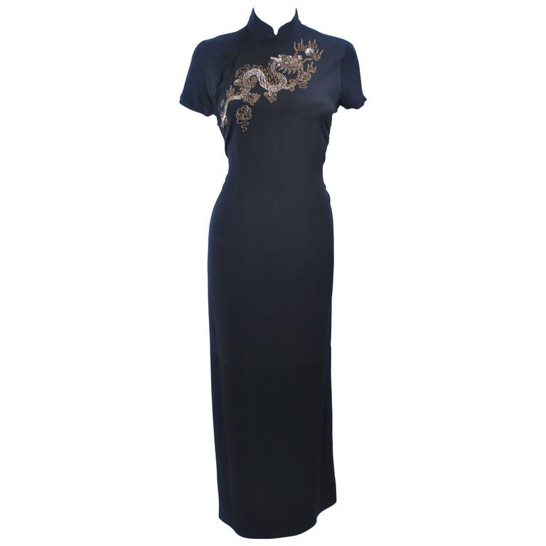 VINTAGE Silk Asian Cocktail Dress with Dragon Beaded Embellishment Size
