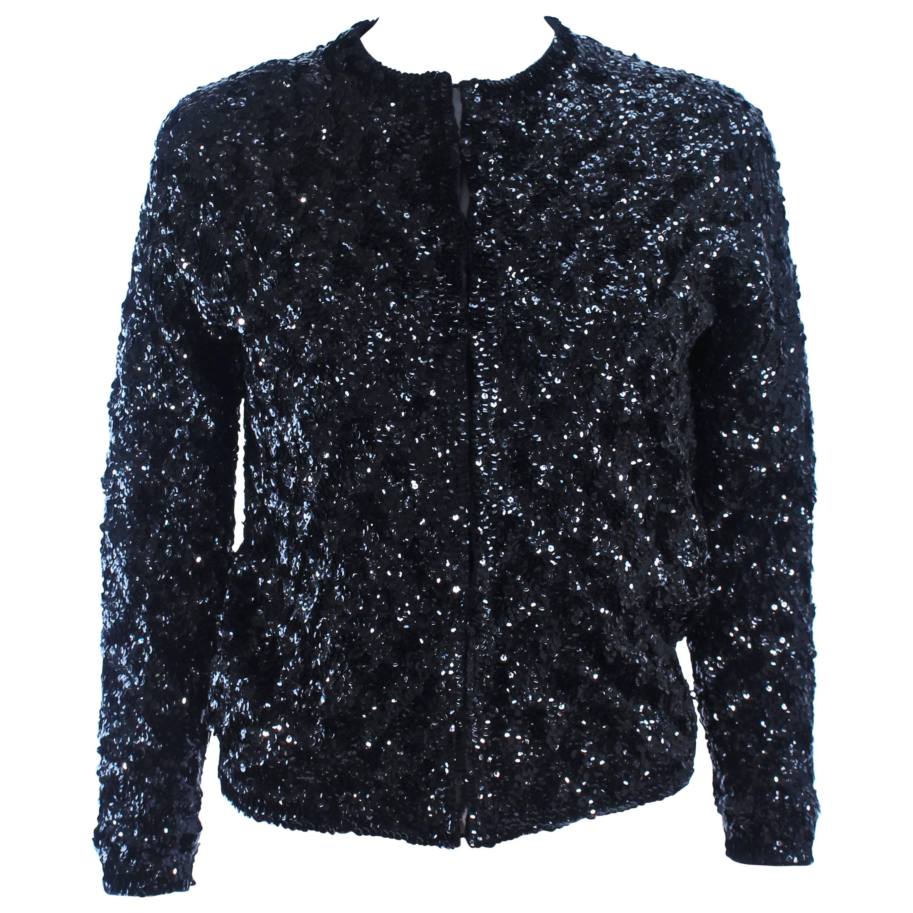 1960's Black Sequin Wool Cardigan Size 40 For Sale