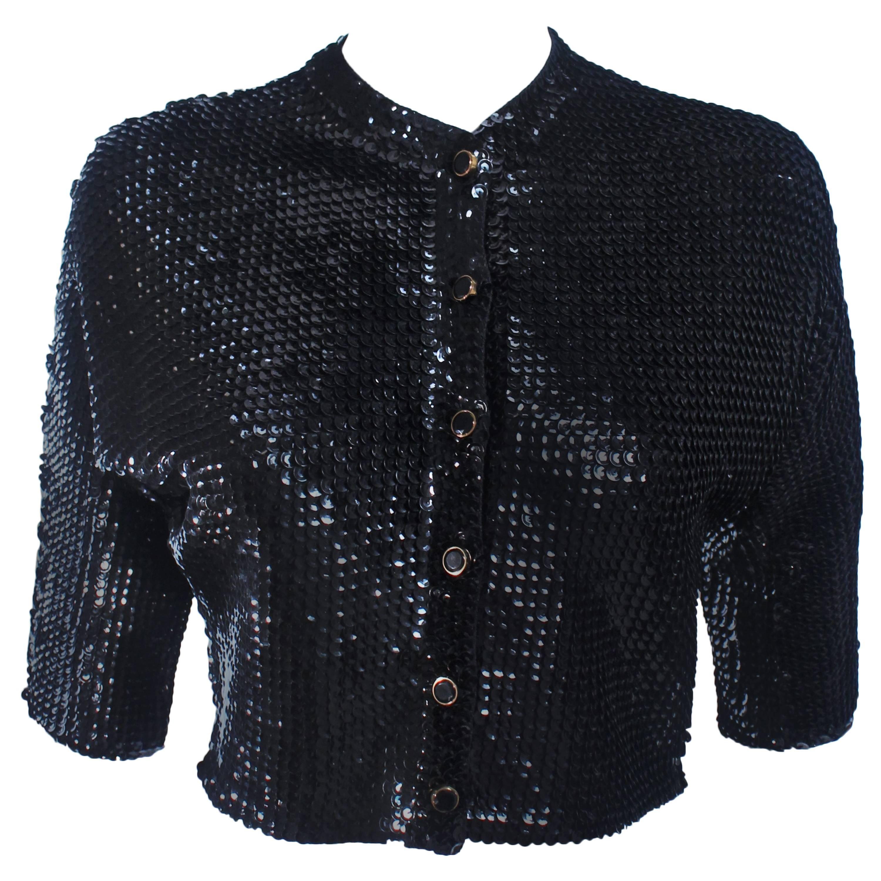 1960's Black Sequin Wool Cardigan with Black Faceted Buttons Size 4 For Sale