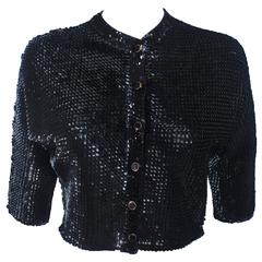 1960's Black Sequin Wool Cardigan with Black Faceted Buttons Size 4 1