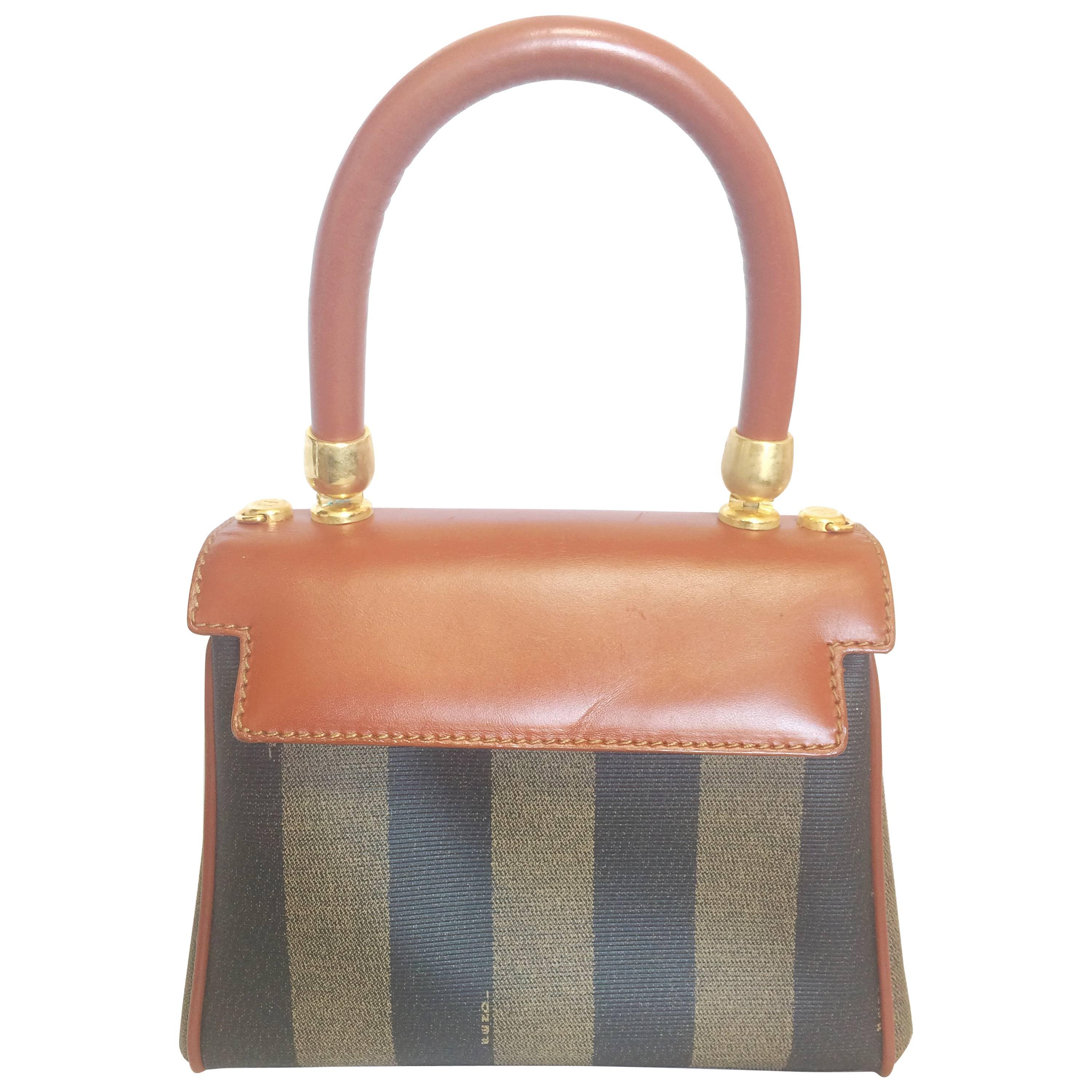 Vintage FENDI kelly bag style mini handbag in pecan stripes and brown leather