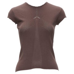 CHANEL 04P brown cotton CC logo lattice ribbed short sleeve knitted top FR40 L