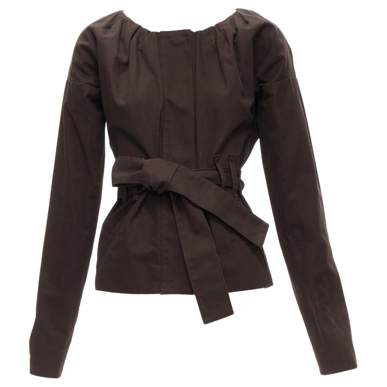 GUCCI Tom Ford Vintage dark Brown cotton silk gathered pleat tie belt jacket For Sale