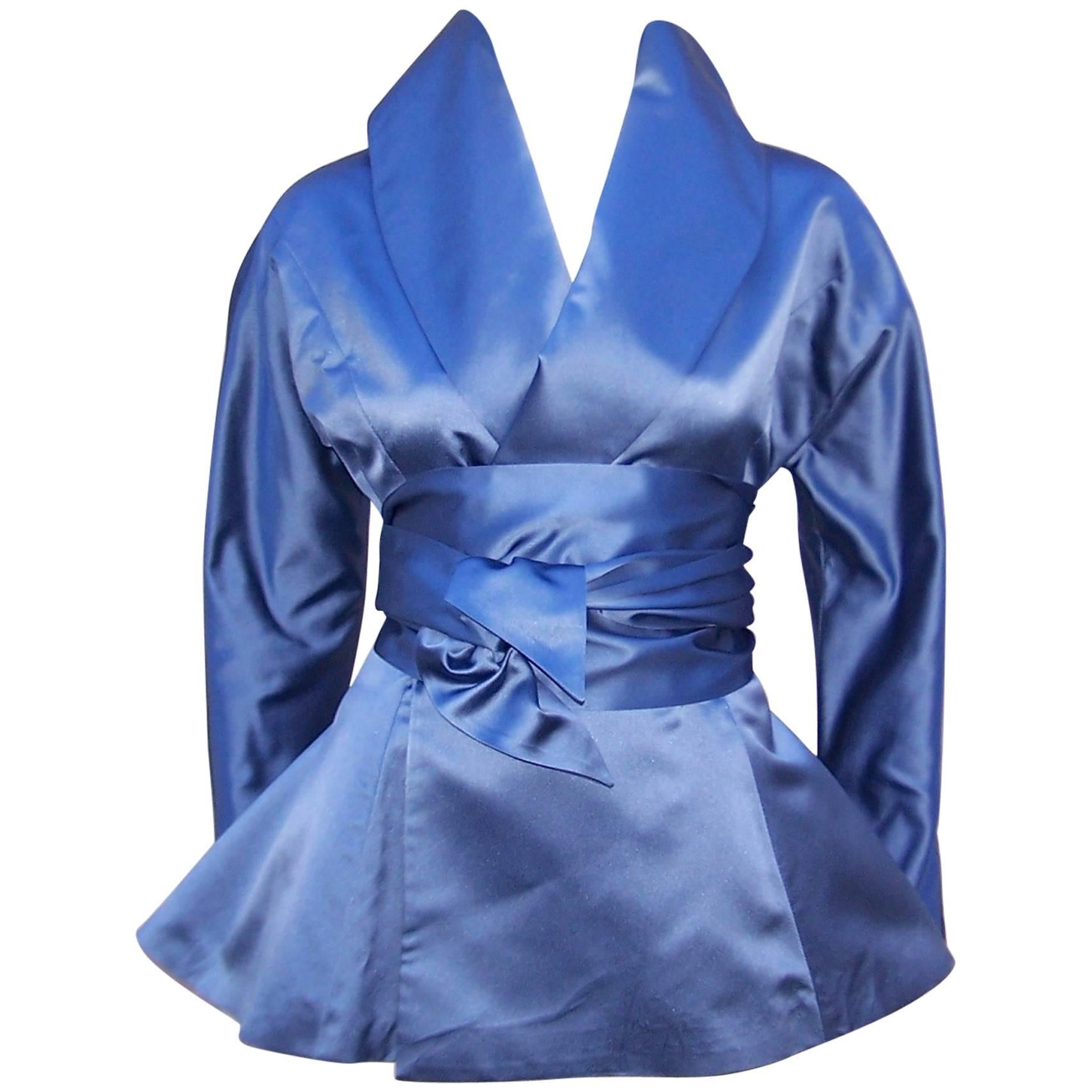 1980's Ralph Lauren Periwinkle Blue Silk Satin Peplum Jacket With Obi Sash