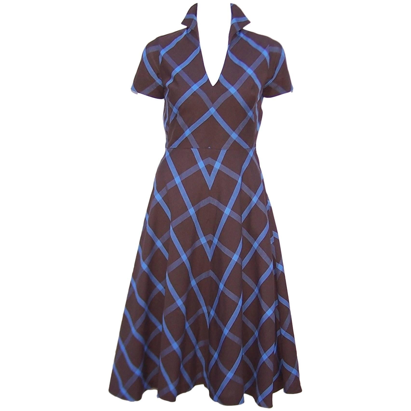 1950's Peck & Peck Brown & Blue Plaid Day Dress