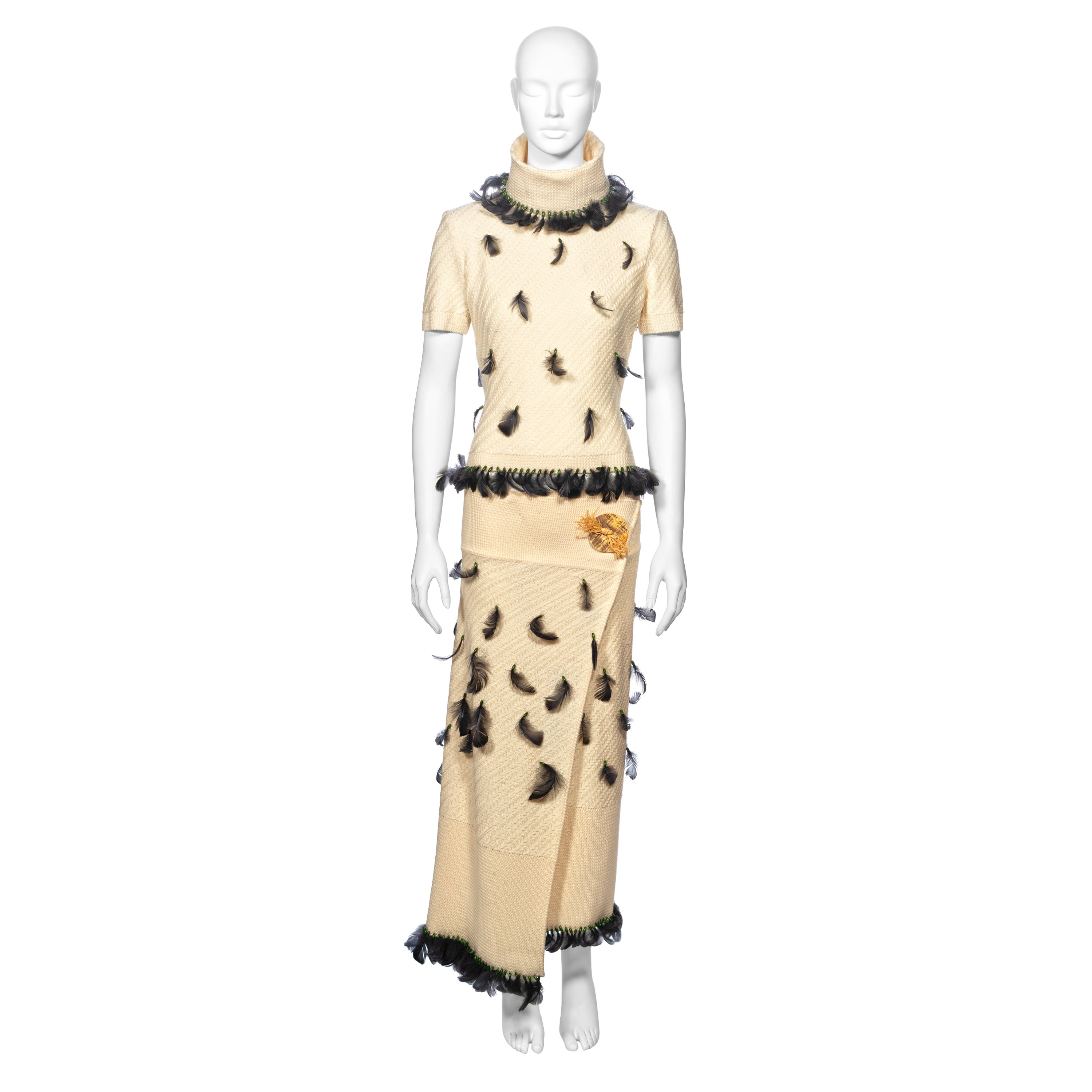 John Galliano Cream Knitted Skirt Suit Adorned With Black Feathers, fw 1999 For Sale