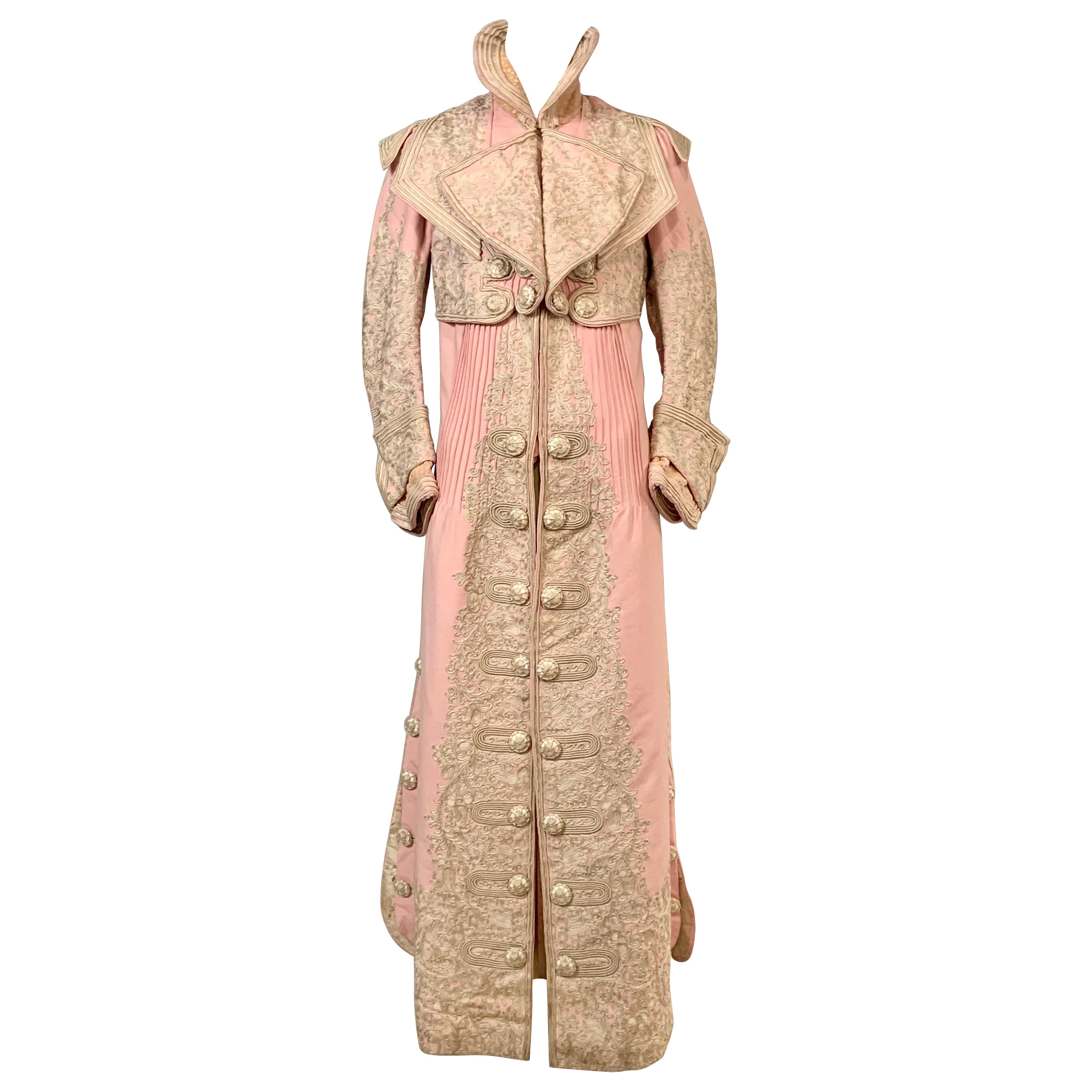 Bright Pink Wool Coat with Elaborate Ribbon Work and Button Trim Circa 1900