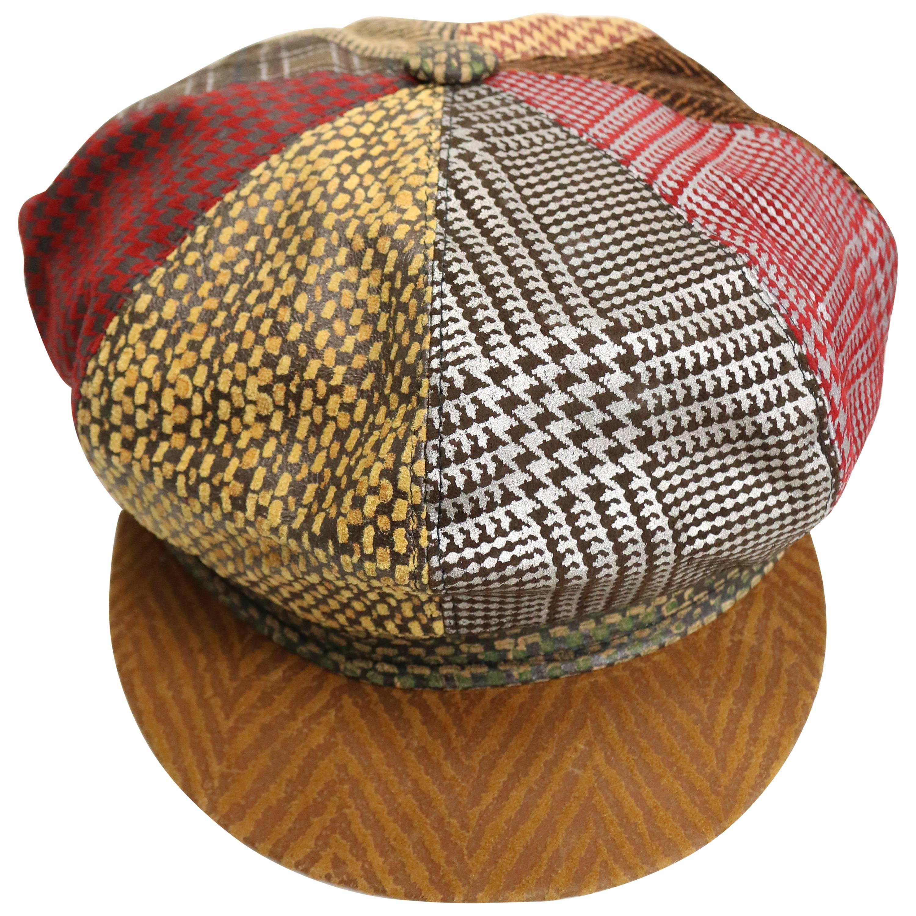 90s Roberto Cavalli Leather Multi Patterns Patchwork Newsboy Cap  For Sale