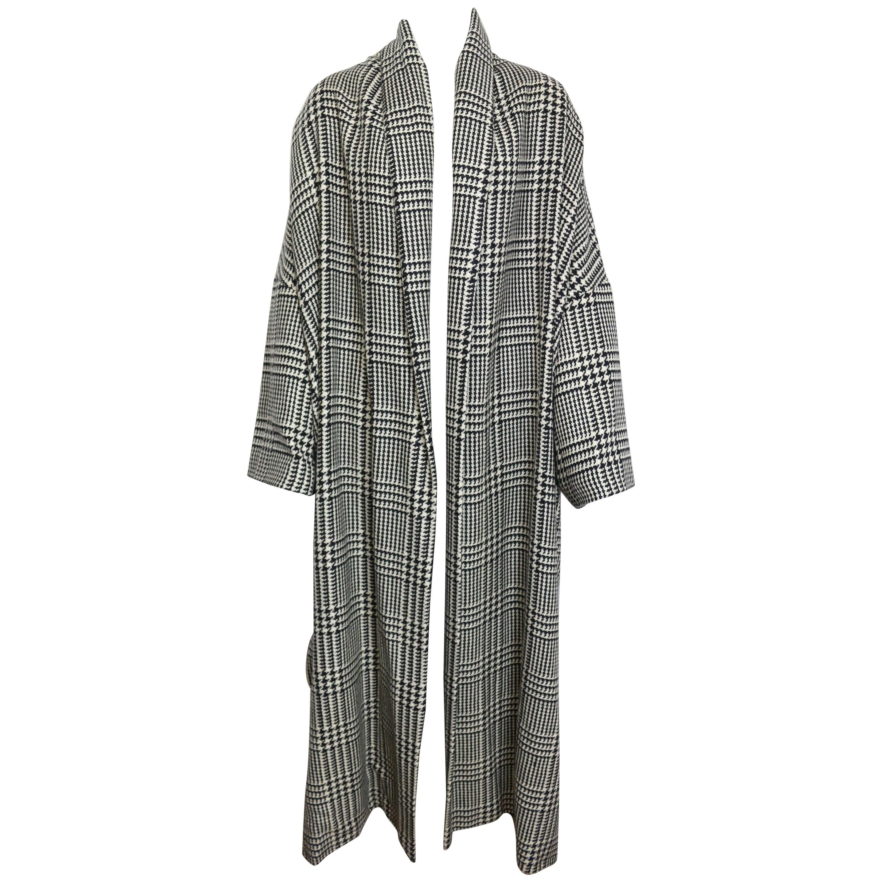 Vintage 90s Iknos Black and White Houndstooth Oversized Long Wool Coat ...