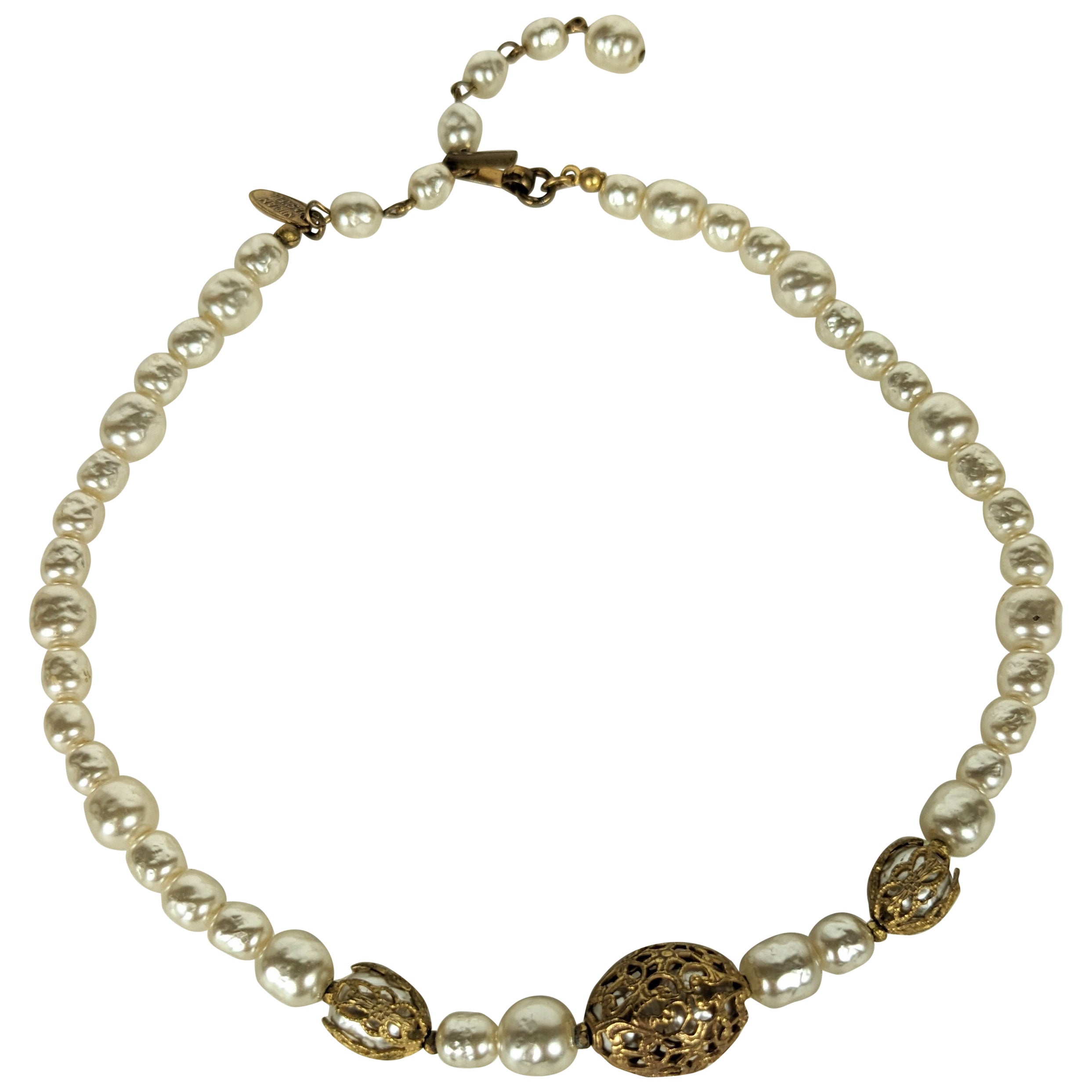 Miriam Haskell Pearl and Gilt Filigree Necklace For Sale