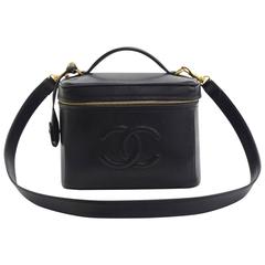 1990s Chanel Black Caviar Leather Retro Timeless Vanity Handbag