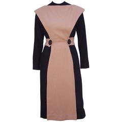 Austere 1950's Two Tone Black Wool Wiggle Dress With Camel Overlay