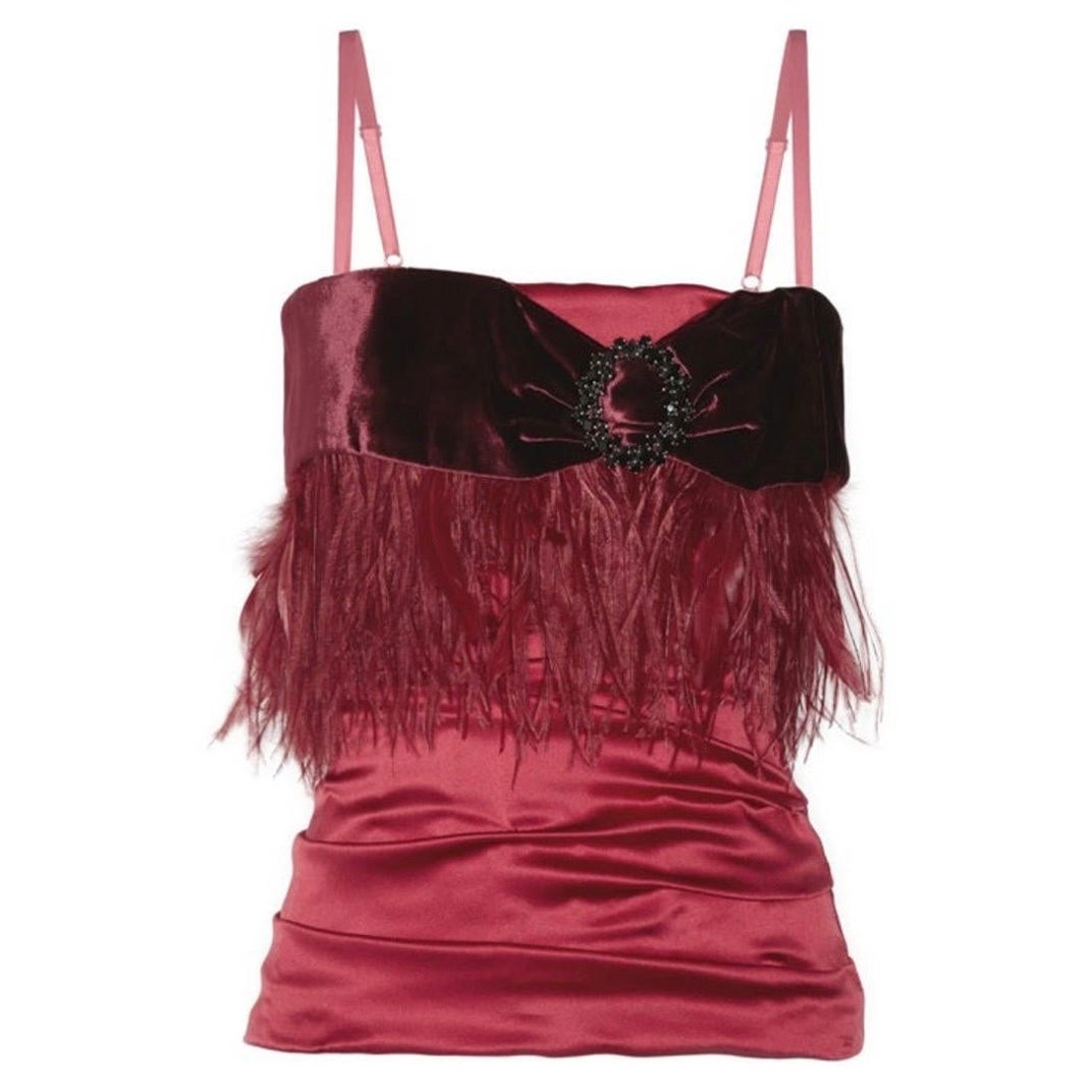 Vintage Dolce & Gabbana Red Embellished Corset Top with Crystals and Feathers For Sale