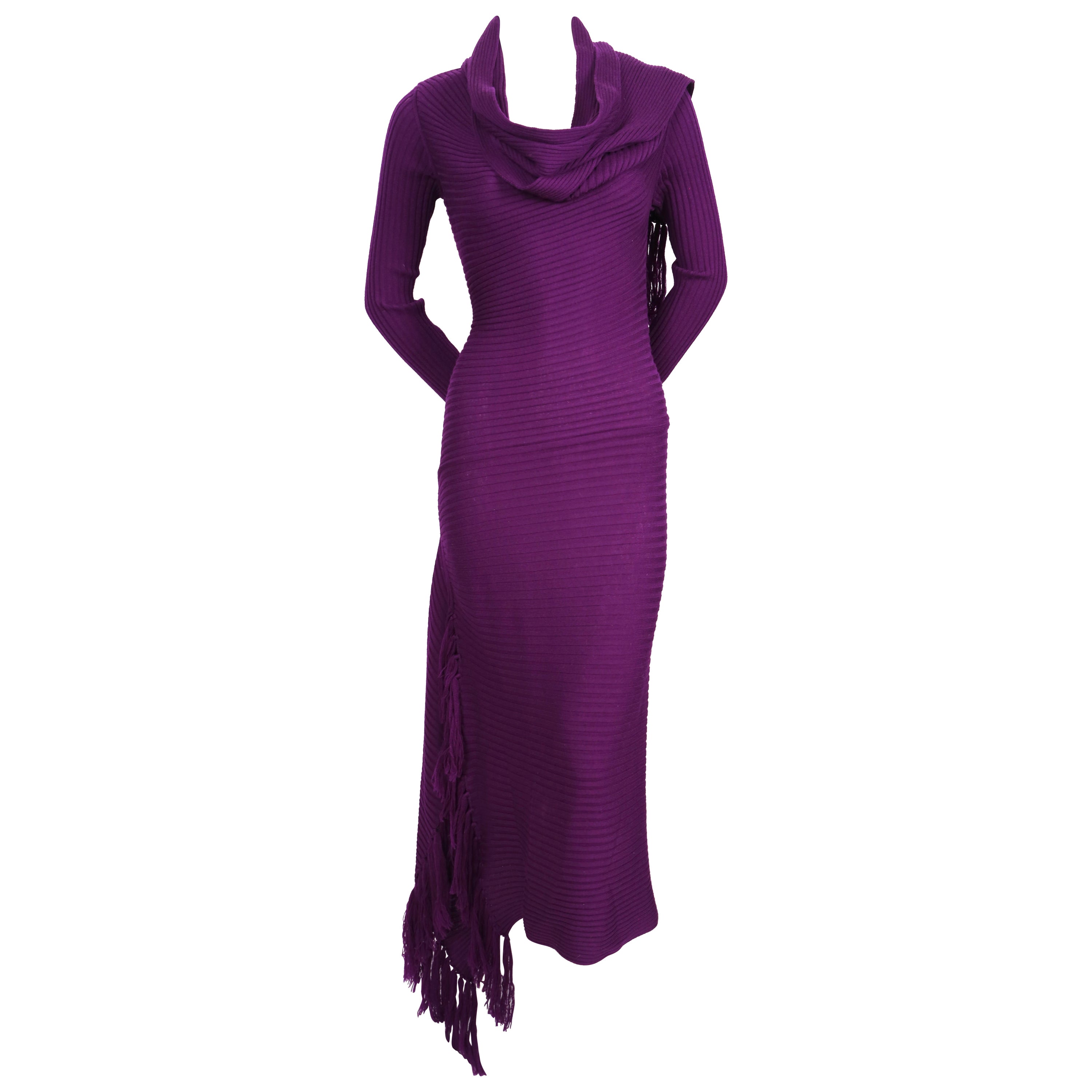  JEAN PAUL GAULTIER purple ribbed knit dress with scarf For Sale