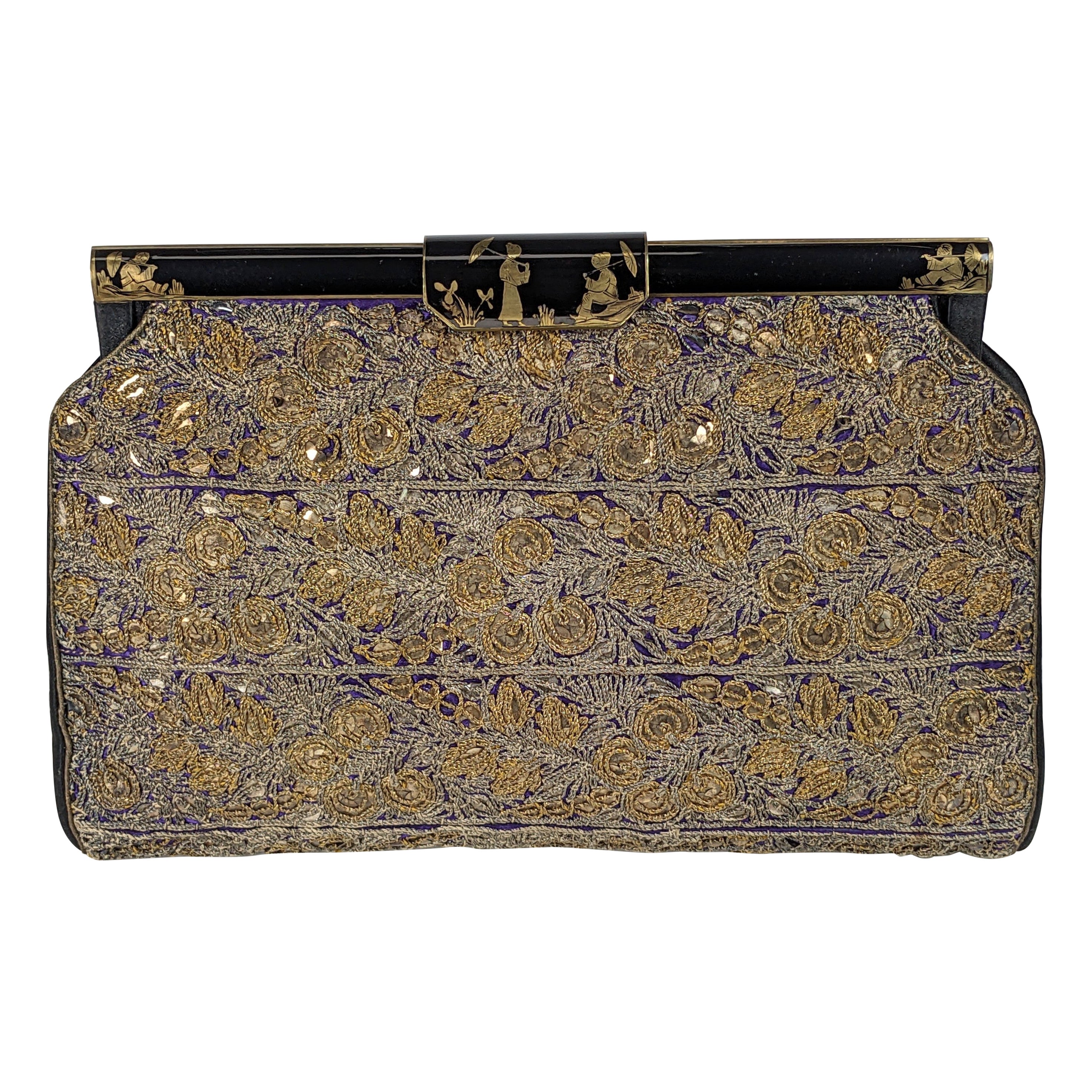 French Chinoiserie Enamel Embroidered Sequin Clutch For Sale